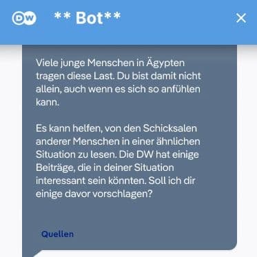 Mock-up of the bot interface. Partial screenshot. Answer starts with: "Many young people carry this burden..."