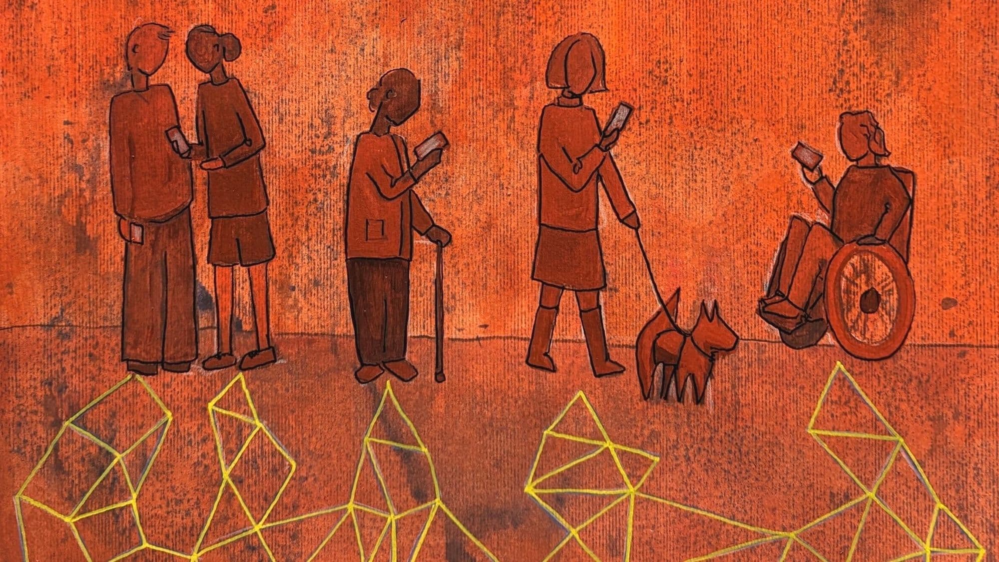 The illustration shows people from all walks of life looking at their phones.  Via J. Knowles & Reset.Tech Australia / https://betterimagesofai.org / https://creativecommons.org/licenses/by/4.0/