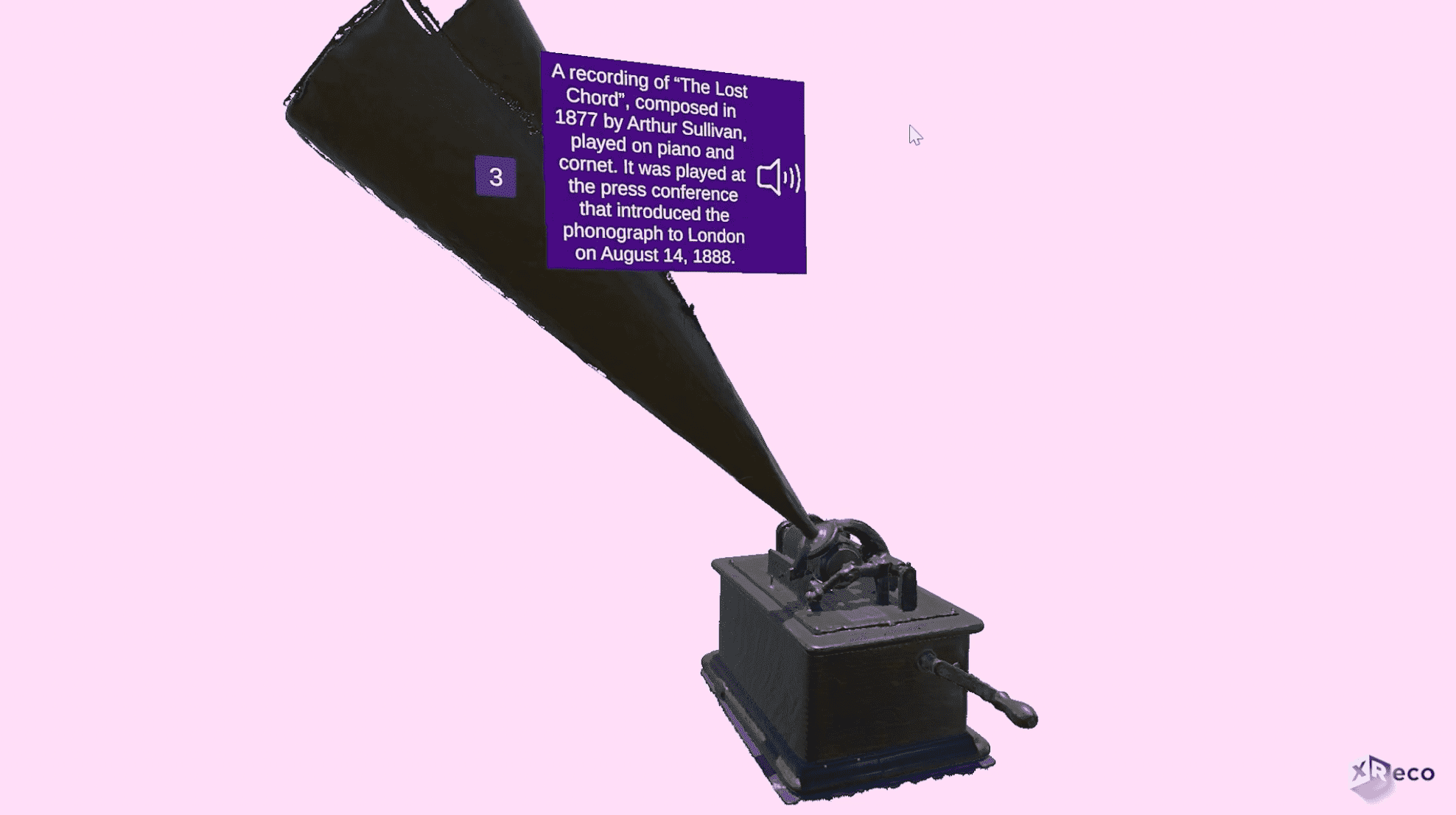 A 3D model of an old phonograph - part of a XReco 3D infographic. A hotspot displays text.