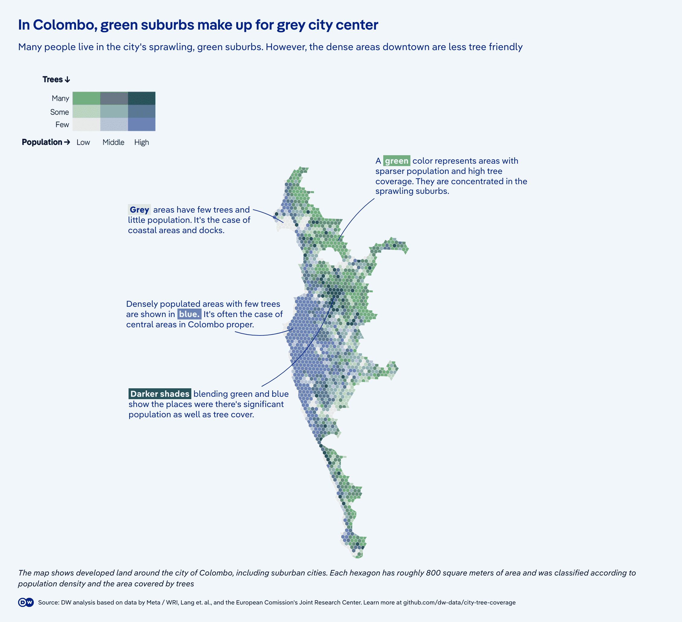 A map visualizing trees and population in Colombo, Sri Lanka.