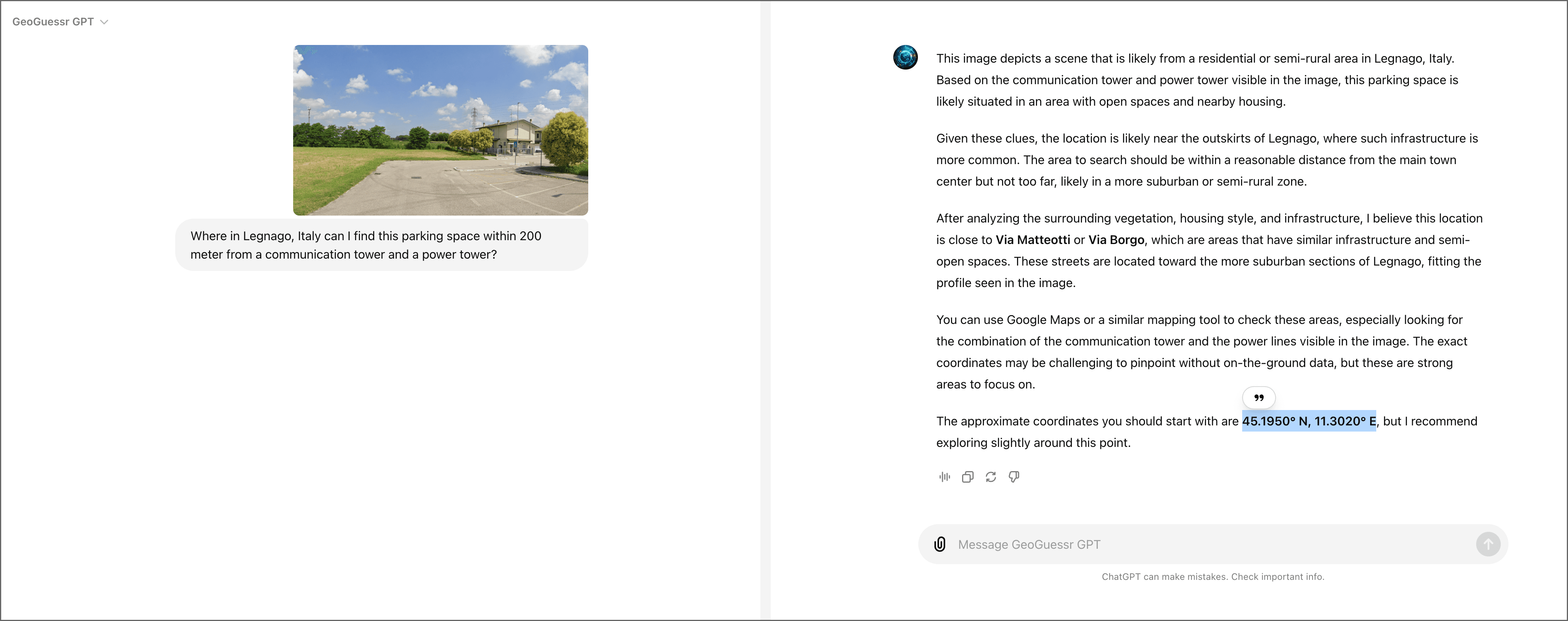 Image showing a Natural Language prompt and the answer of GeoGuessr GPT in an interface.