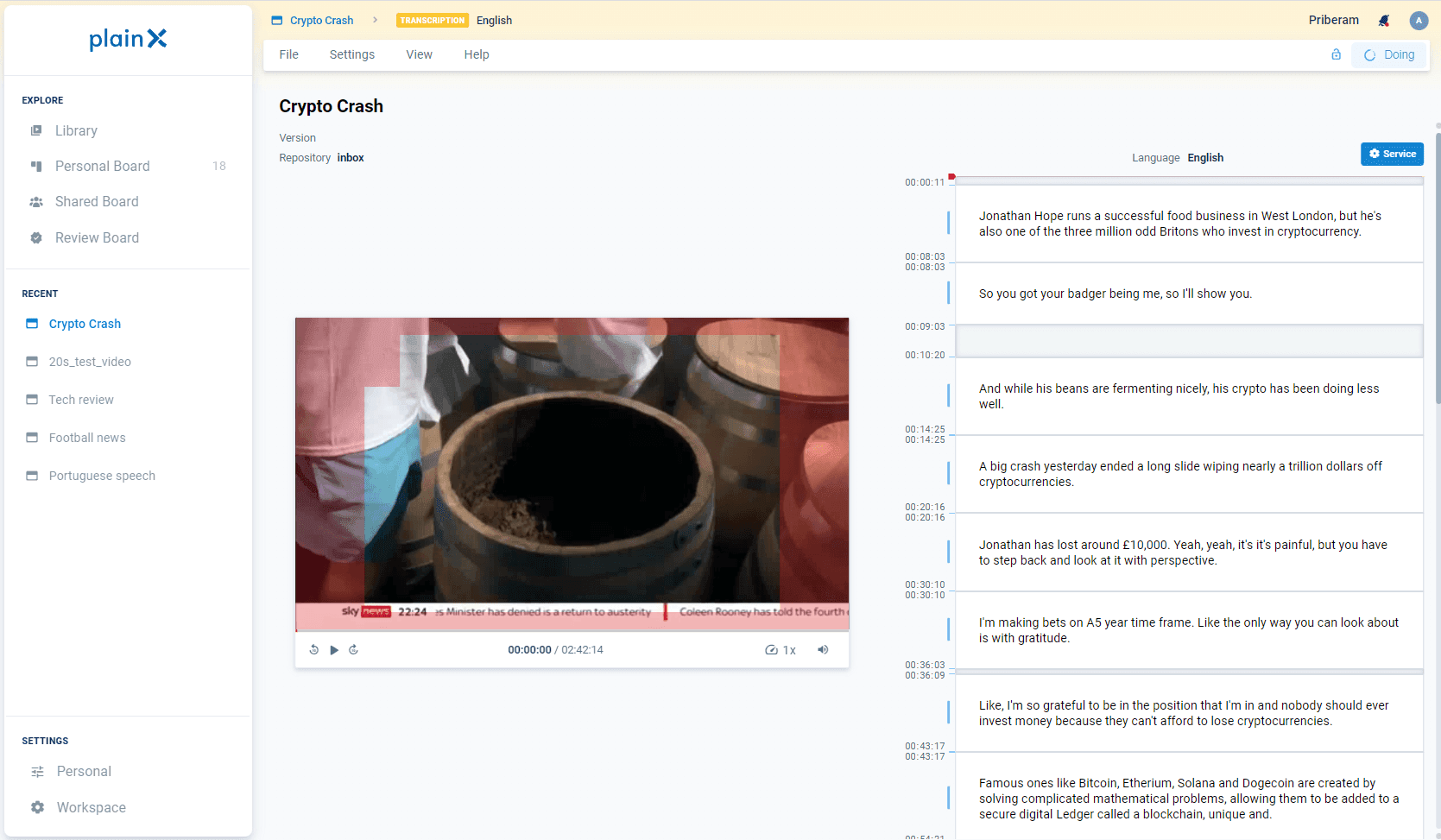 Image shows a screenshot of the plain X transcription editor.