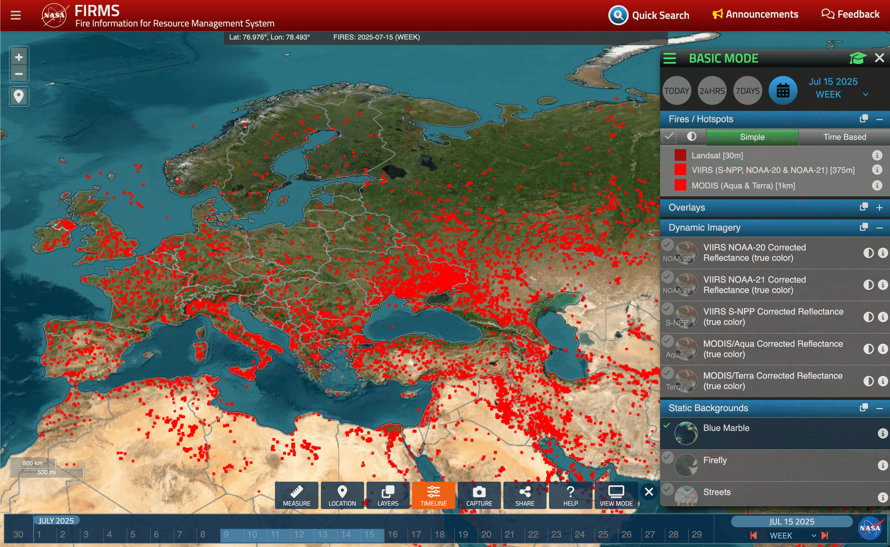 Screenshot showing a week of fire on NASA's FIRMS platform.